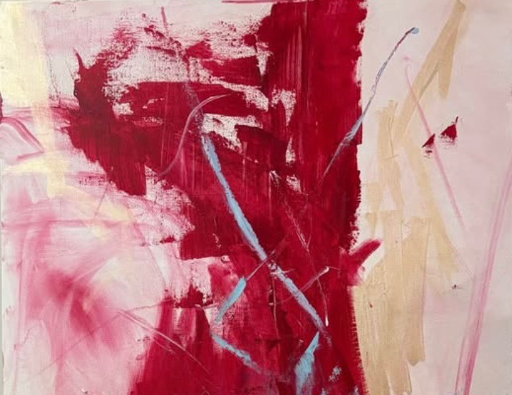 Abstract painting detail — deep red column with blue and pink