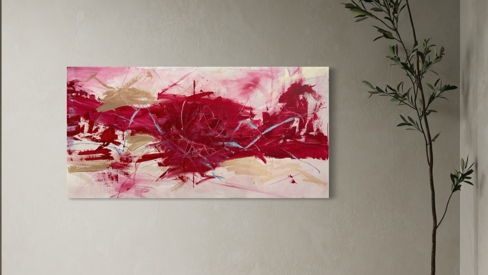 Sadie Mae's abstract painting — crimson and gold on canvas — displayed on a grey wall beside an olive branch