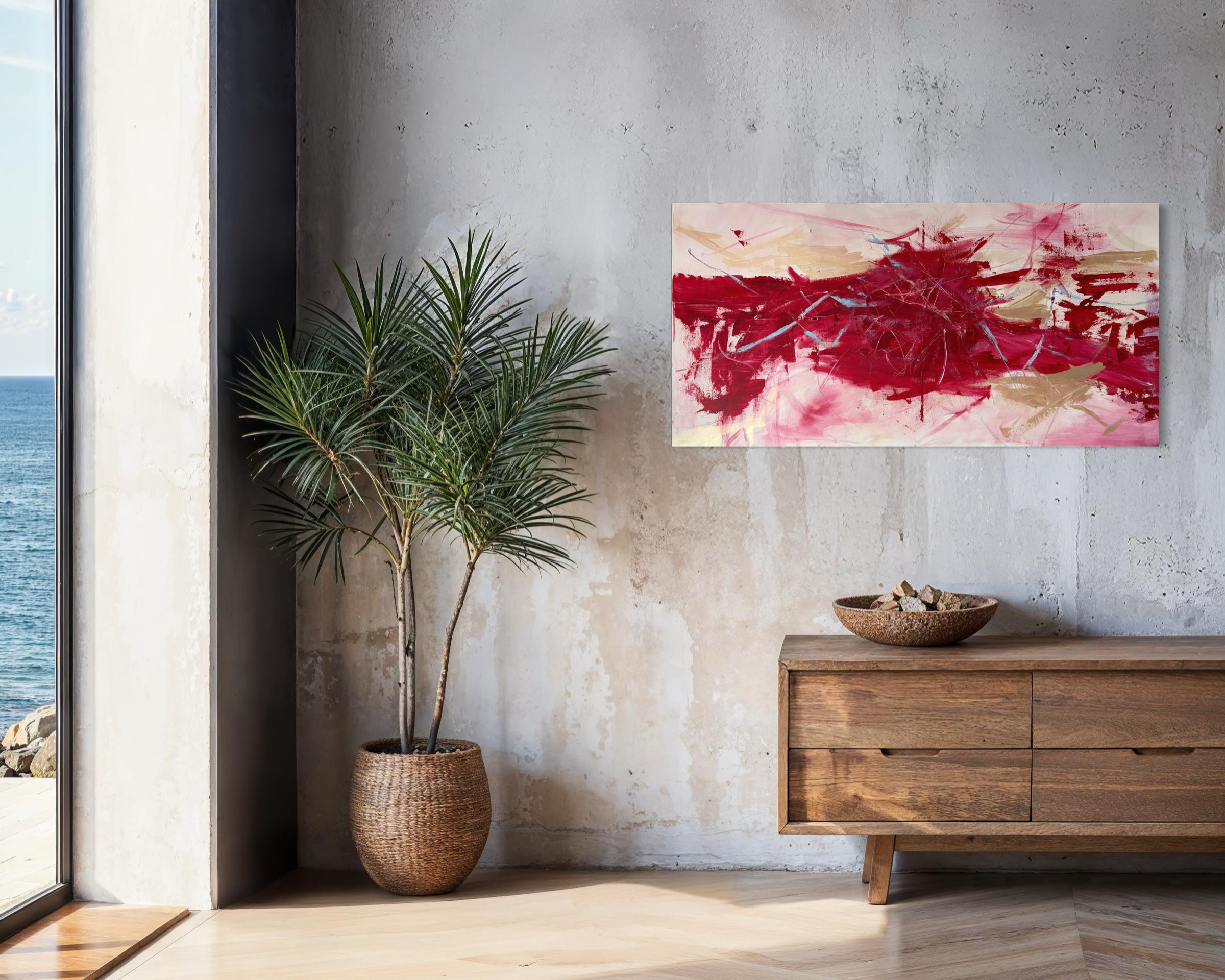 Sadie Mae's abstract painting in a coastal living space with ocean view